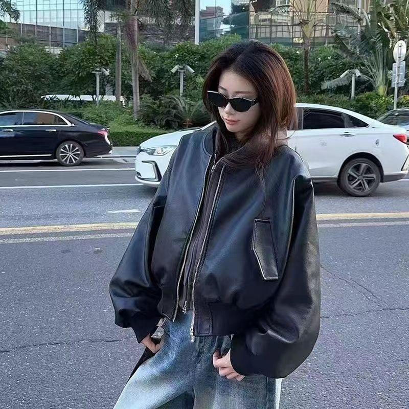 Black Zipper Short Long-sleeved Baseball Jacket Leather Jacket for Women Autumn and Winter New Retro Loose Motorcycle Jacket