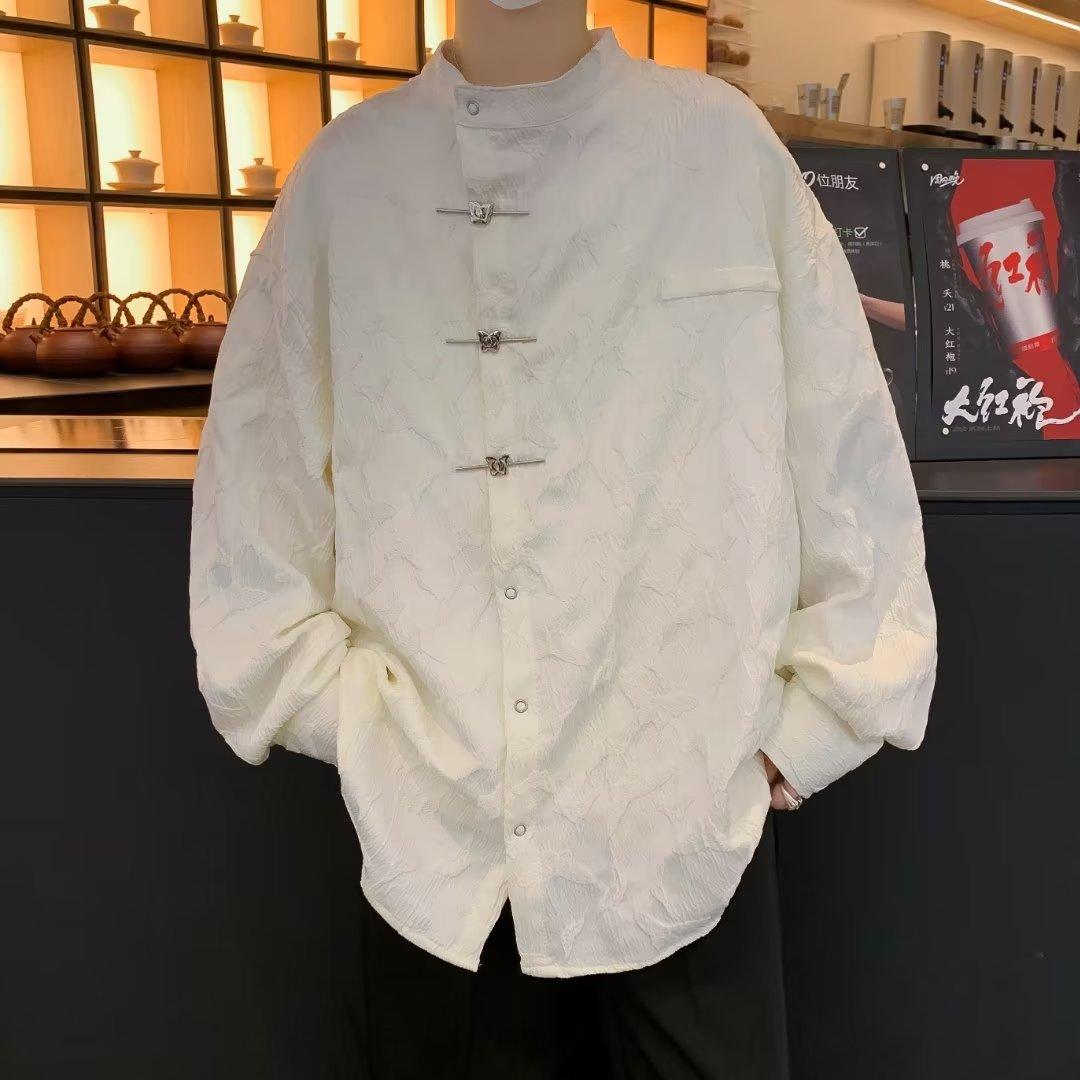 

Жаккардовая рубашка с длинным рукавом и пуговицами-бабочками, мужская модная брендовая стильная повседневная рубашка высокого класса Zhongshan Tang Suit 3XL хаки