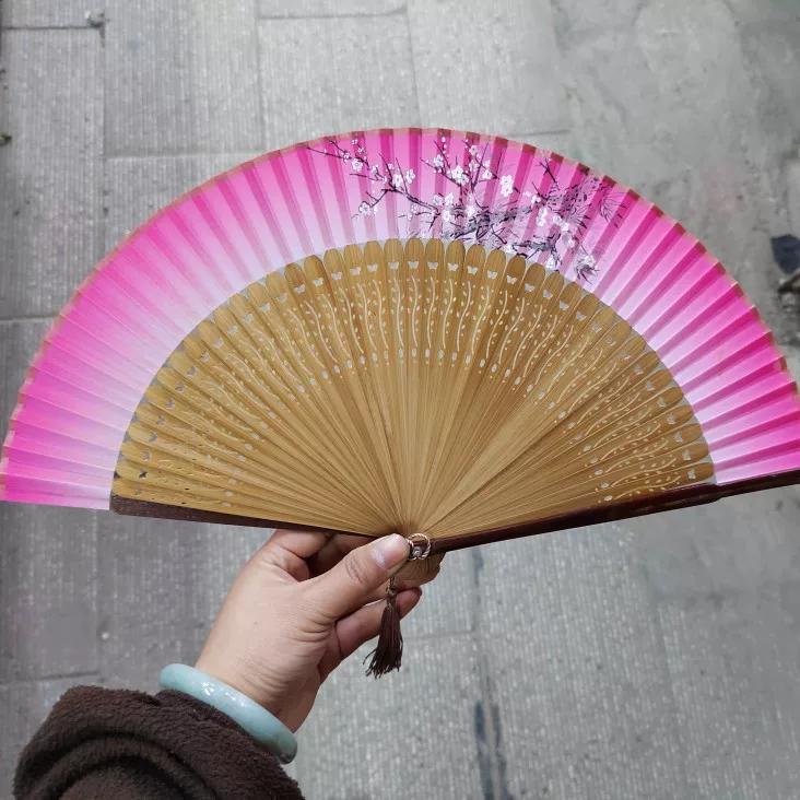 Exquisite Women's Fan with Hollow-Out Plum Blossom Design, Dance Fan, Dance Performance Fan, Small Folding Fan, High-End Fabric Flower Fan, Carved