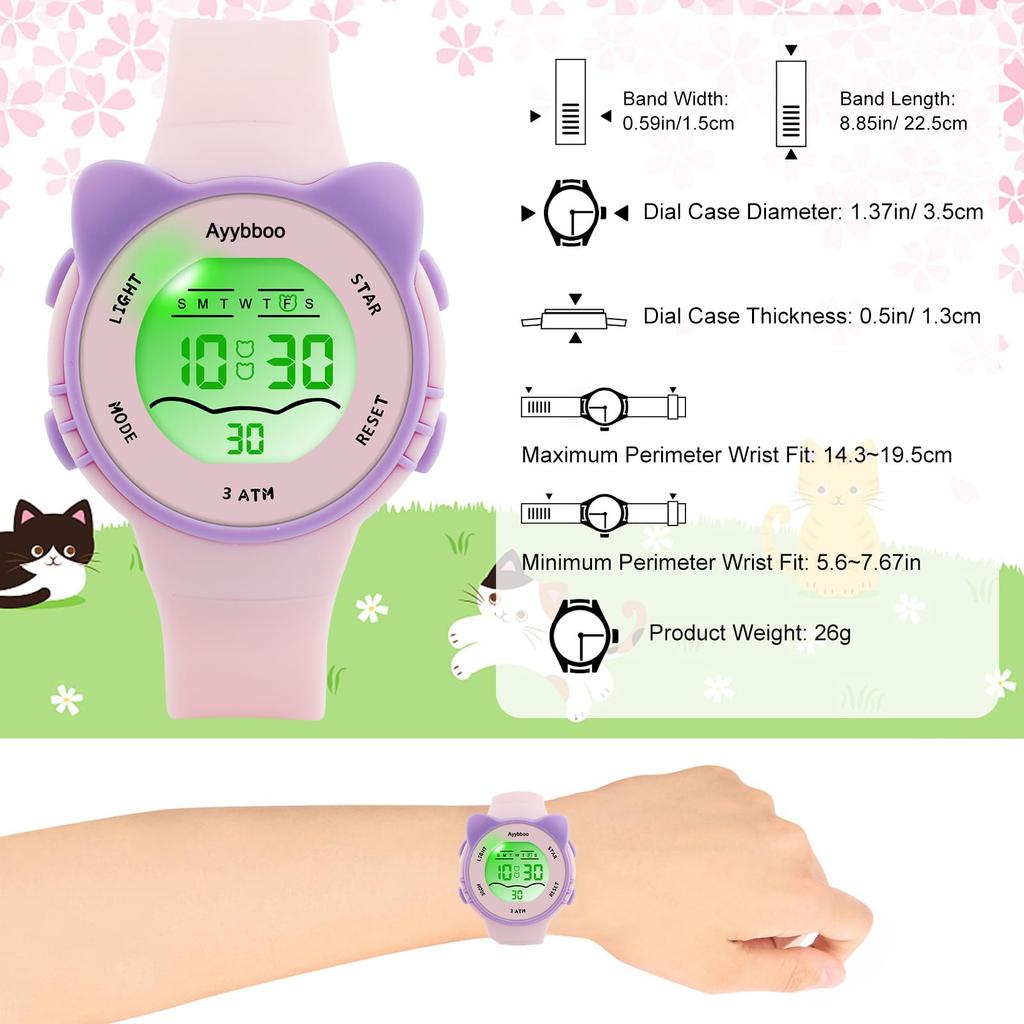 Ayybboo Kids Watch, 7 Color Light Watch, For Girls Boys, Children's Digital Watch, Cat Design, 3ATM Water Resistant / Quartz / Soft Strap For Ages