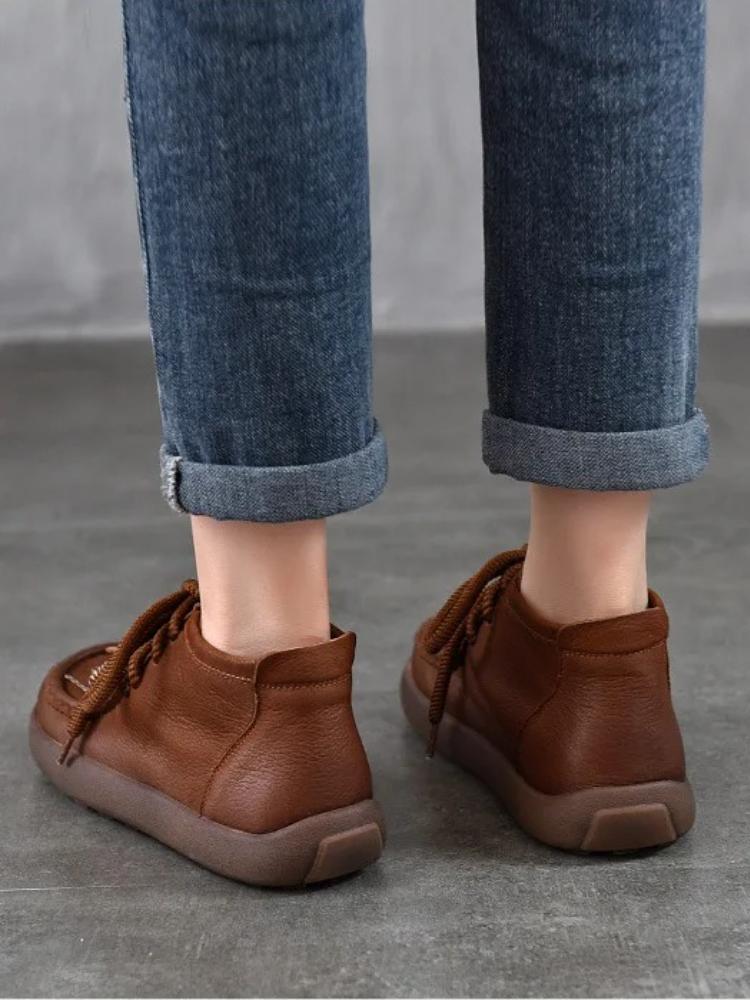 Johnature Genuine Leather Round Toe Lace-up Flat Ankle Boots Casual Versatile Women's Shoes