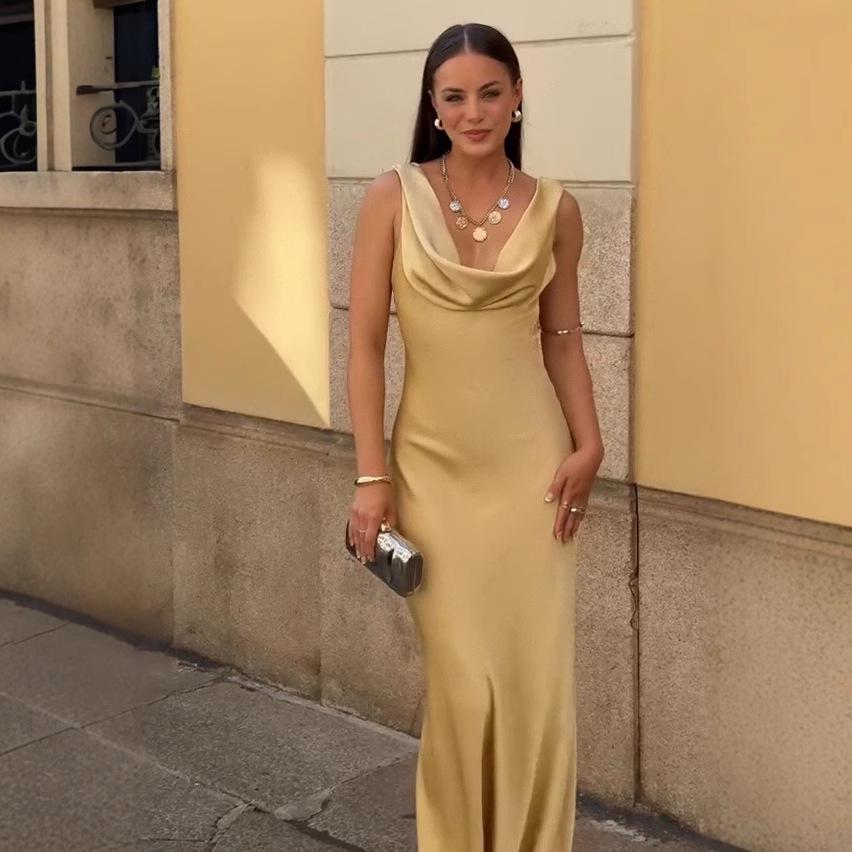 2025 Sommer Damen Europäisches und Amerikanisches Rückenfreies Wasserfallkragen Abendkleid