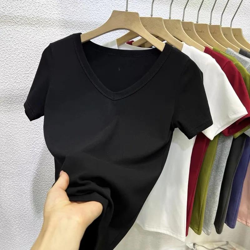 Solid Color V Neck Short Sleeve Slim Fit T-Shirt Basic Casual Top