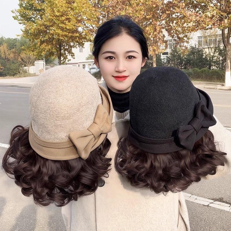 

Fall and Winter New Arrival Hat Wig Integrated Thick Wool Bucket Hat Lazy Roll Western Style Youthful-Looking Short Curly Hair Head Cover Black Bows fisherman hat [dark brown]]