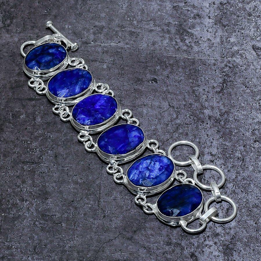 Sapphire(Simulated) Gemstone Handmade 925 Sterling Silver Bracelet 7-8" A8I33