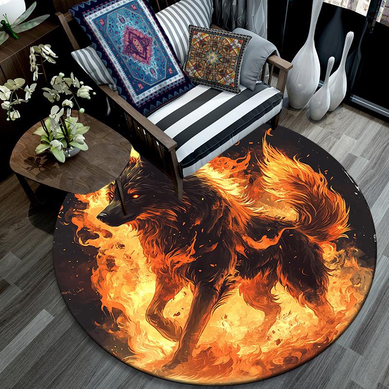 Flaming Wolf Round Area Rug,Carpet Rug for Living Room Bedroom Sofa Playroom Decor,Non-slip Floor Mat