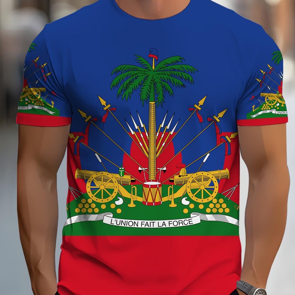 Men's Novelty T-Shirt | Vibrant Multi-Color Polyester Casual Tee with Haitian Flag & Cannon Print | Round Neck,Regular Fit