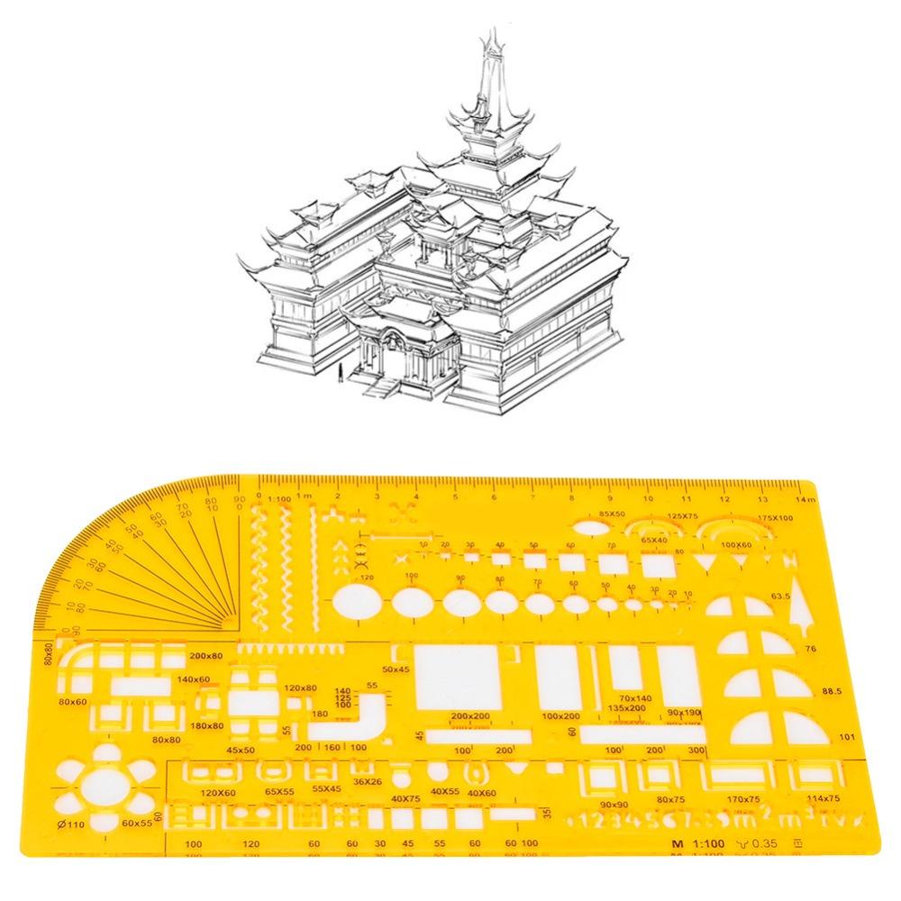Multi‑Pattern Plastic Architectural Design Template Resin Yellow Drawing Template Geometric Ruler Architectural Drafting