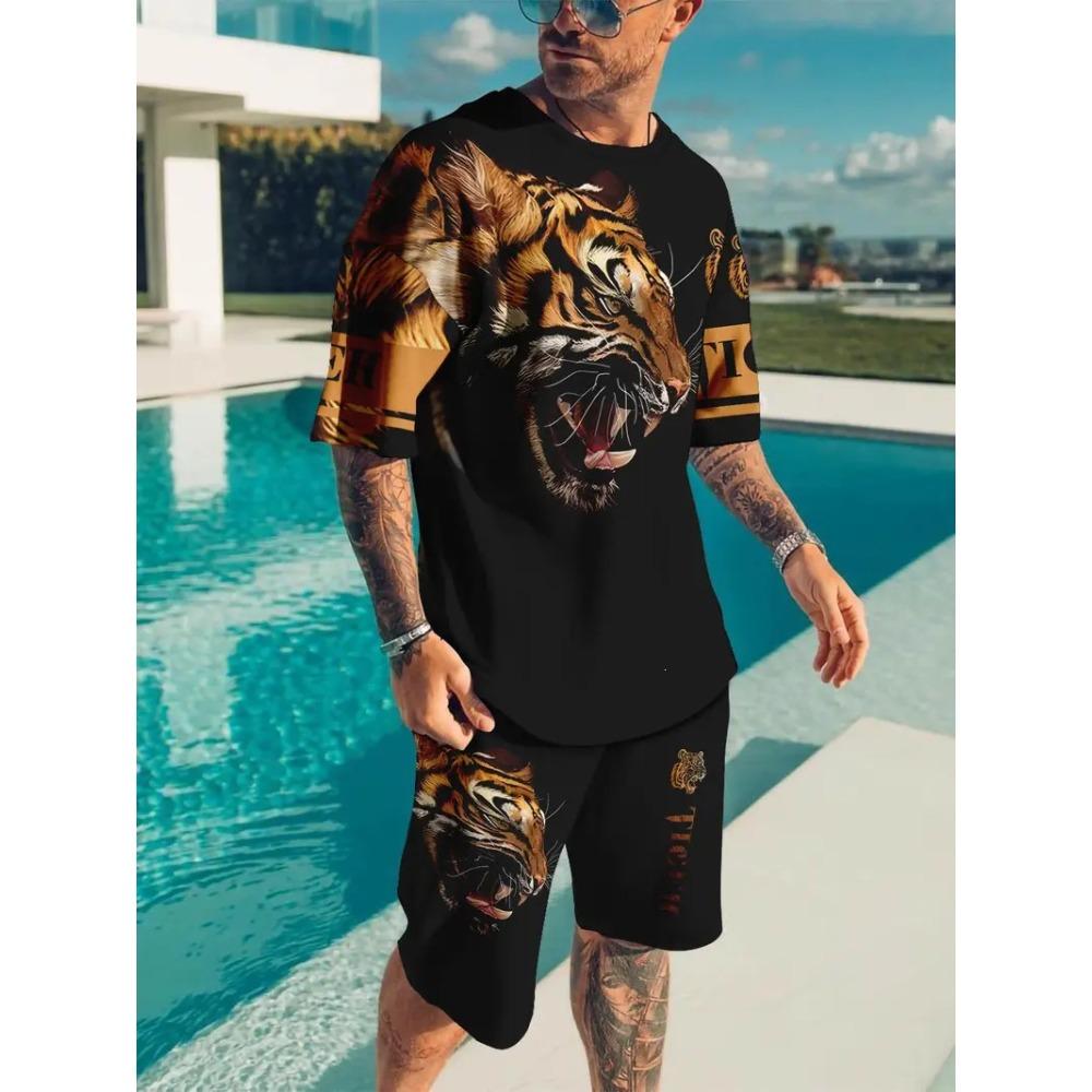 Summer Men's Animal Printed Sports Suit Fashion Breathable Versatile Trend