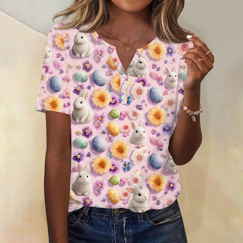 Damen T-Shirt mit Aufdruck und Knopfleiste, kurzärmelig, für den Alltag, Wochenendmode, Basic, V-Ausschnitt, normales Oberteil