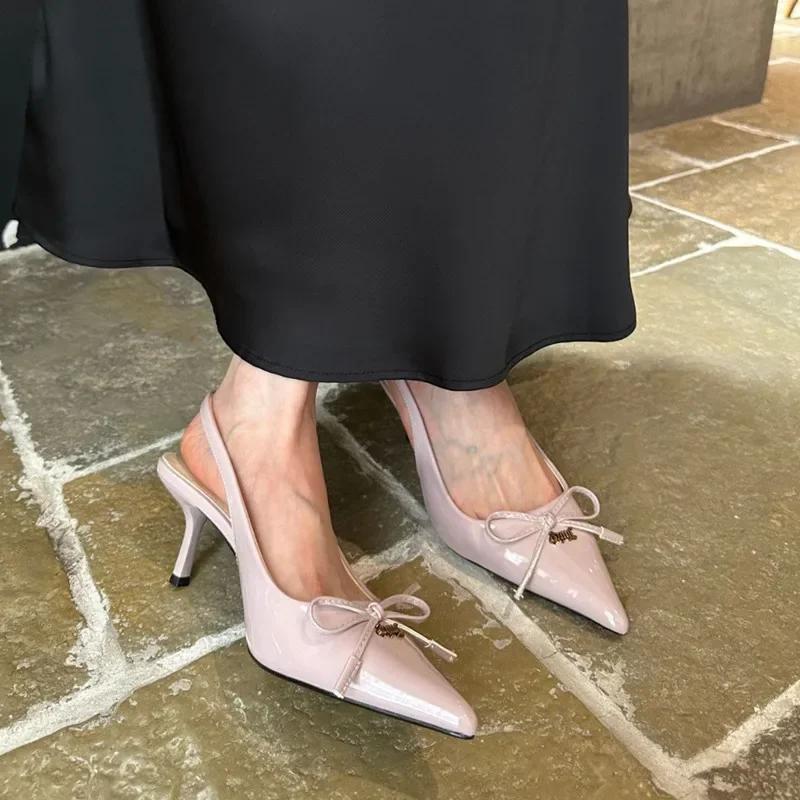 Fashion Fashion Bow Metal Buckle Design High Heels Women Sexy Pointed Toe Patent Leather Slingback Heeled Sandals Elegant Party Shoes