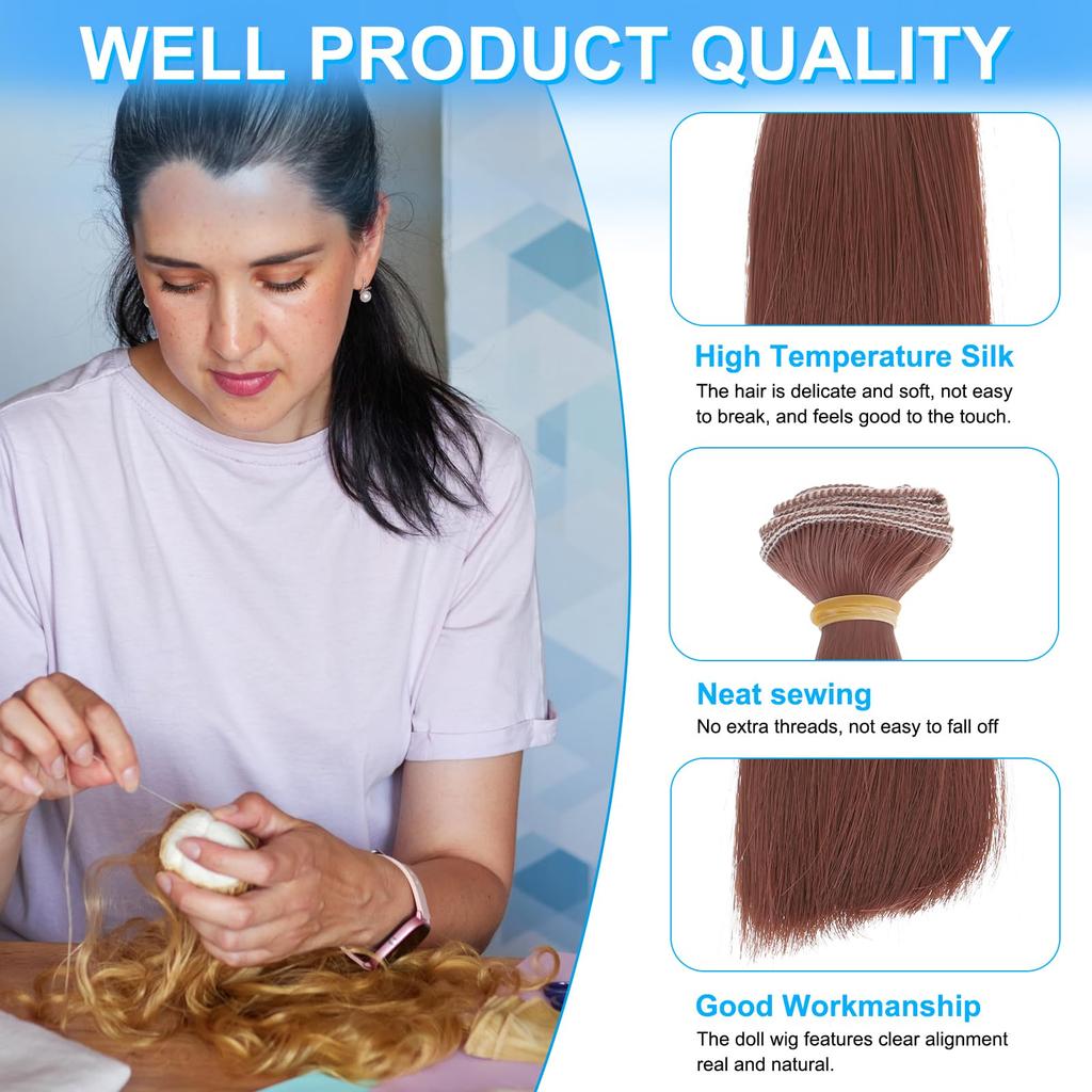 PATIKIL 15cm Puppenperücken-Set mit 6 Stück, Hitzebeständige Seiden-Glattperücke, Puppen-Haarstyling-Set, DIY Handgemachtes Zubehör, Rotbraun