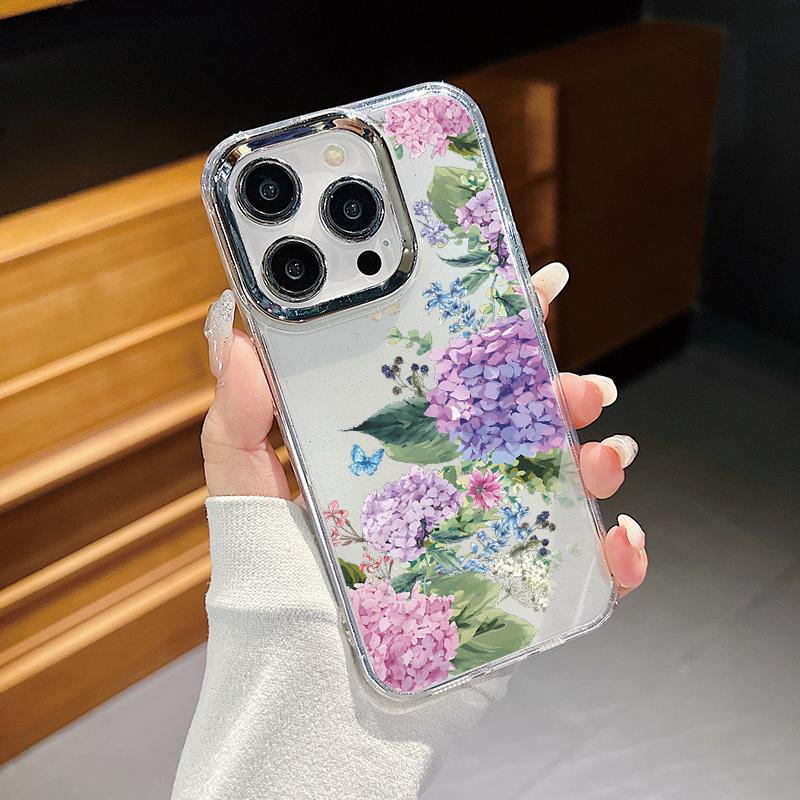 Plating Lens Frame Flowers Love Heart Phone Case For iPhone 16 15 14 13 12 Pro Max Plus 11 Clear TPU Shockproof Cover