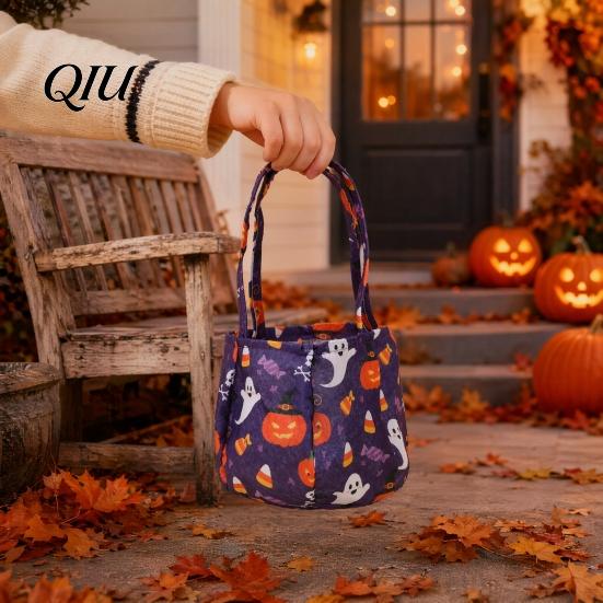 Kids Trick or Treat Tote Halloween Candy Bucket for Kids, Non-Woven Double Handle Bag Basket, Pumpkin Ghost Snack Holder with Party Favors Sturdy