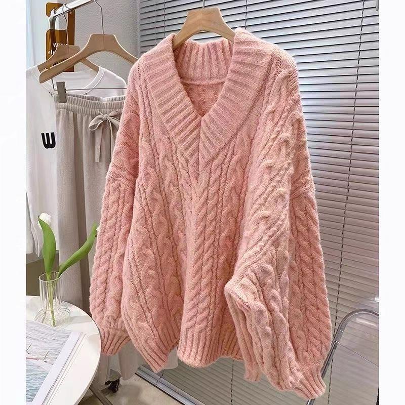 Damen V-Ausschnitt Zopfmusterpullover - Dick, locker und kuschelig für Herbst/Winter.