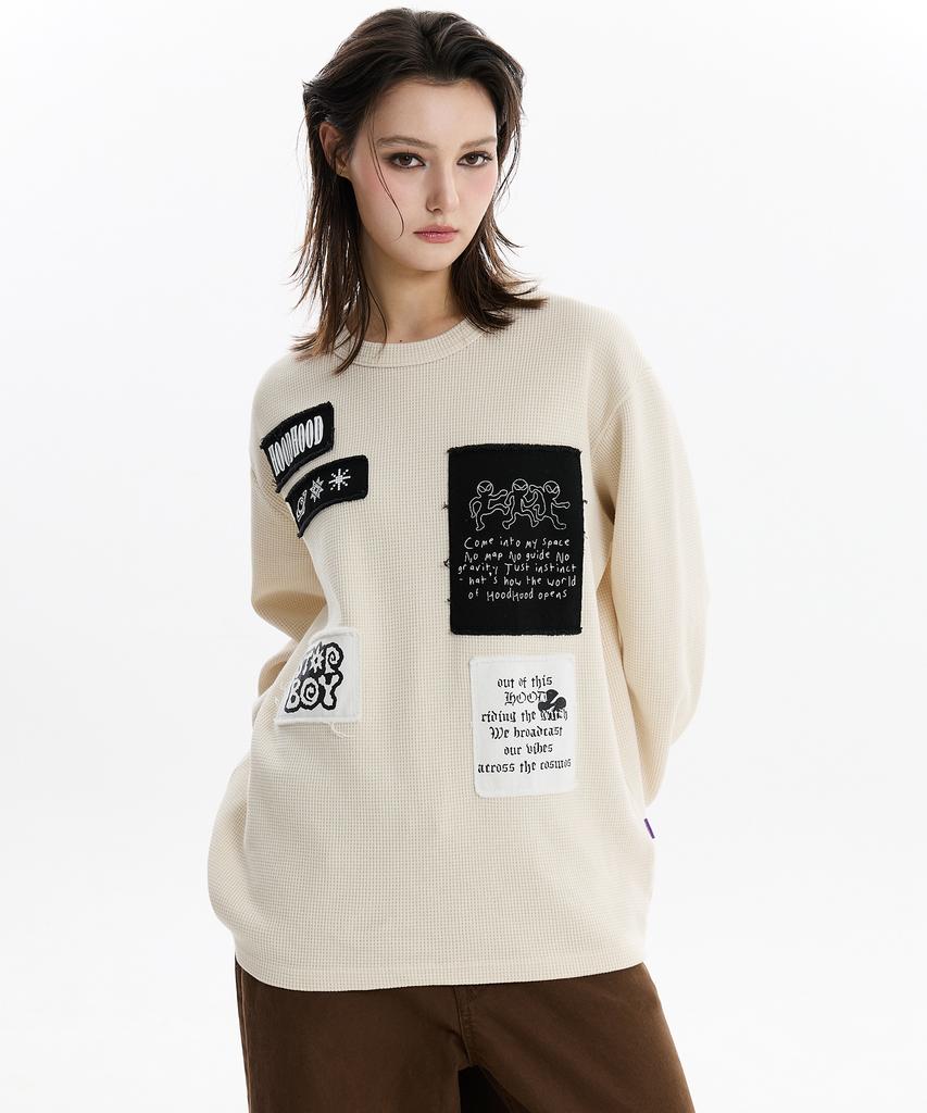 HOODHOOD Patchwork Waffle Long Sleeve T-Shirt Ivory