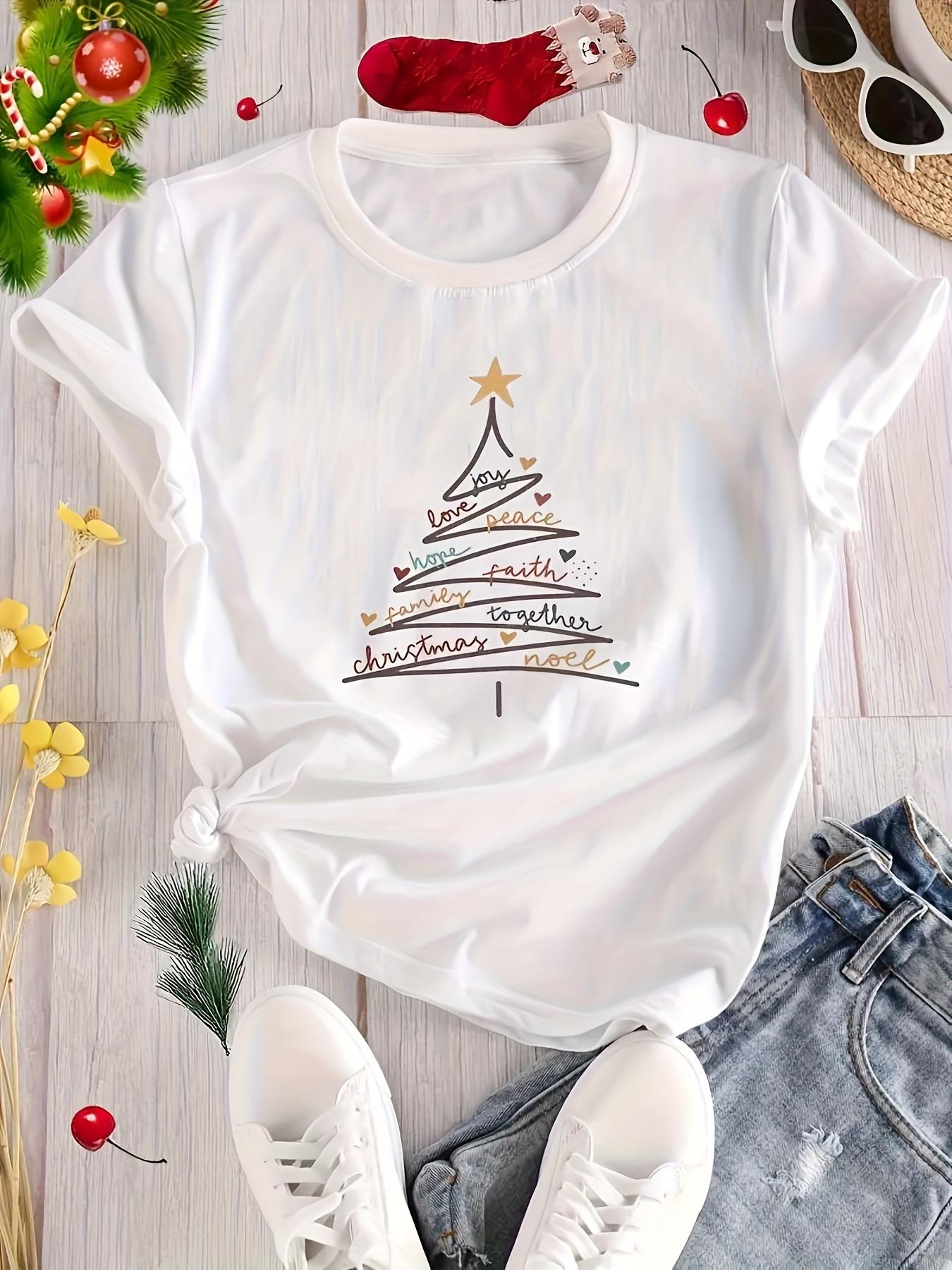 

Womens Cute Christmas Tree Snowflake Print TShirt Festive Holiday Tee Xmas Tree Design Blouse Streetwear Daily Wear Clothing S