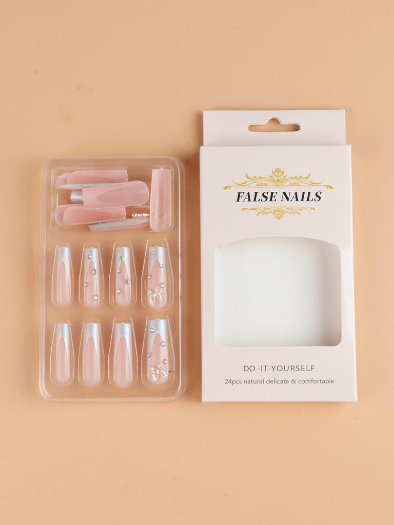 Uñas de Uso Diario Estilo Ins Europeo y Americano Manicura Francesa Larga Mariposa + Parche de Uñas Uñas Postizas