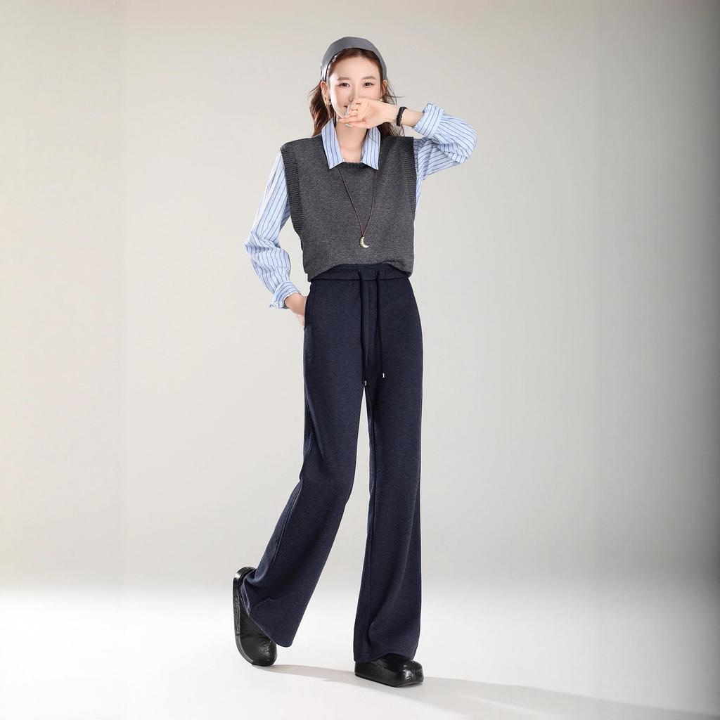 Women's 2025 Winter Woolen Micro Flare Velvet Pants: Floor-Length, Straight-Leg, Sports Casual
