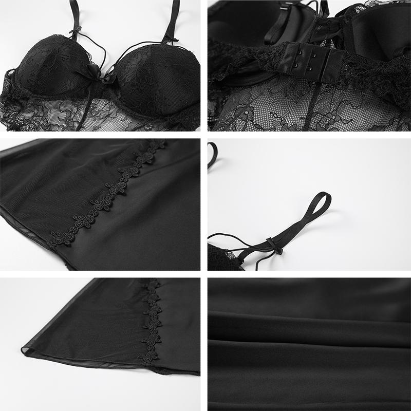 Sexy pyžamo s kosticemi a push-up vycpávkami na hrudi, krajkové šaty s odhalenými zády a podvazky