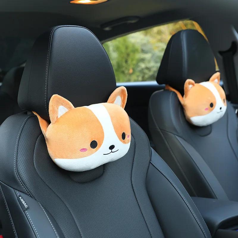 1 Pair Cartoon Cute Cat Car Seat Headrest Plush Pad Safety Pillow Creative Corgi Car Neck Pillow Kawaii Car Accessories Interior
