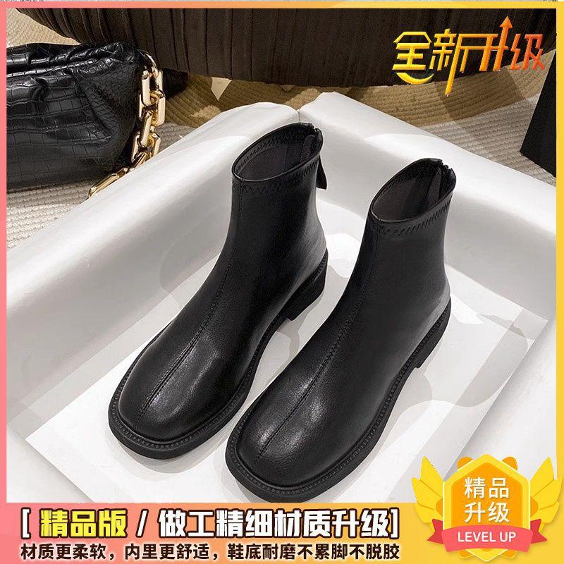 One kick of the Korean heroine, new back zipper flat skinny boots, boots, women's French off-white ankle boots, women