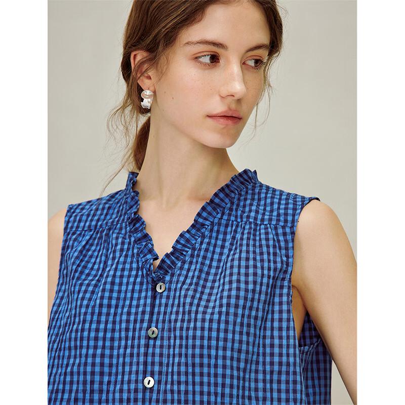 INMAN Women's Retro Plaid Ruffle Sleeveless V-Neck Top