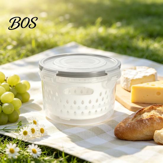 Sealed Food Organizer for Fridge Round Fruit Vegetable Storage Container, 2-Layer Food-Grade PP Crisper with Refrigerator Organization Bin Drain