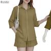 ZANZEA Women 3/4 Sleeve Blouse and Shorts Summer Two Piece Suit Sets