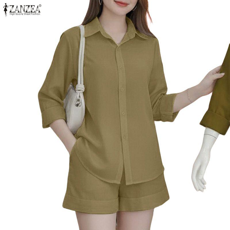 ZANZEA Women 3/4 Sleeve Blouse and Shorts Summer Two Piece Suit Sets
