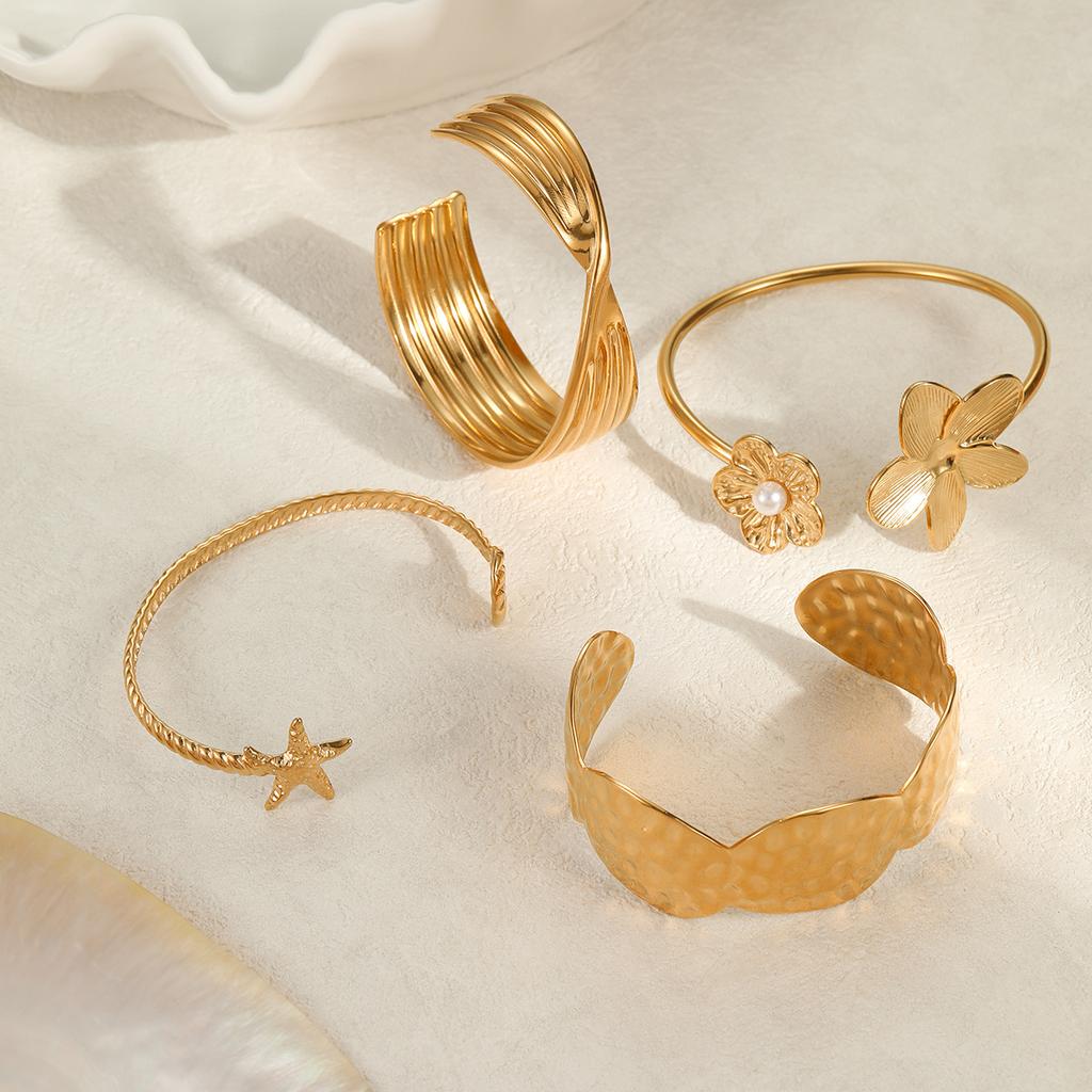 GEMCHIC Women's Summer Fashion Stainless Steel Cuff Bracelets 18K Gold Plated Open Bangle Floral Geometric Beach Jewelry
