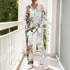 Women's Casual Hooded Pajama Set with V-Neck, Long Sleeves, Loose Fit, Print and Pockets for and Sleep