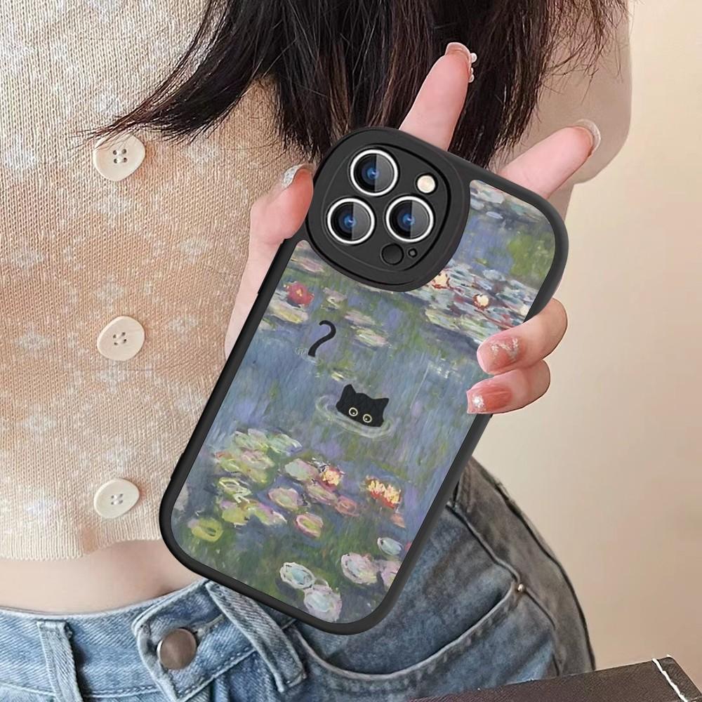 

Cartoon Animal Black Cat Oil Painting Phone Case Hard Leather For IPhone 16 15 14 13 12 Mini 11 14 Pro Max Xs X Xr 7 8 Plus For iphone 11