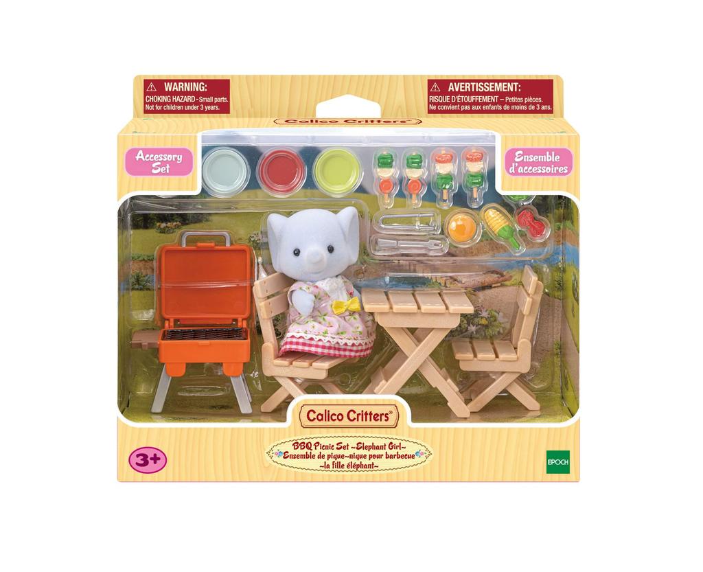 Calico Critters Bubbly Brook Elephant Girls BBQ Picnic Set Dollhouse Playset with Figures and Accessories