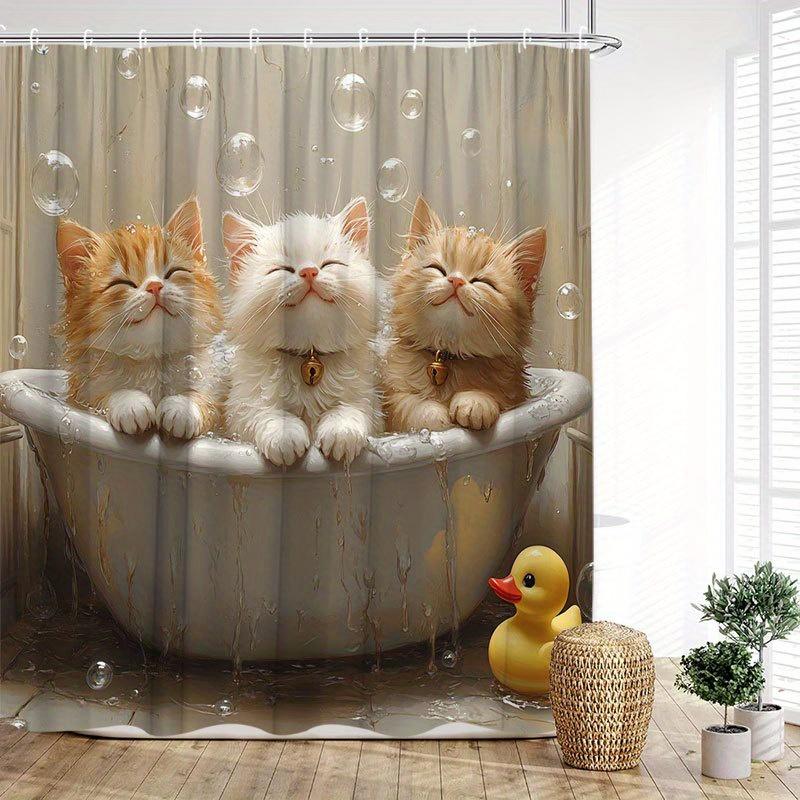 1pc Bathing Kittens Shower Curtain - 3 Fluffy Kittens In Bathtub, Bubbles & Yellow Duck, Beige Tile Background, 70.8x70.8