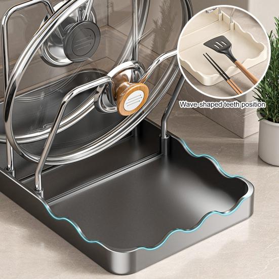 Countertop Pot Lid Holder Pan Lid Storage Rack with Drain Tray Pot Lid Stand with Spoon Rest While Cooking Kitchen
