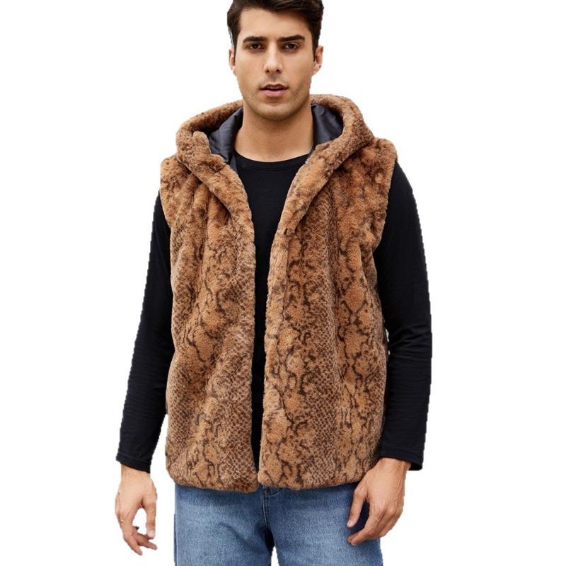 

Men s Leopard Print Faux Fur Hooded Vest Open Front Warm Winter Gilet XXXL жовтий