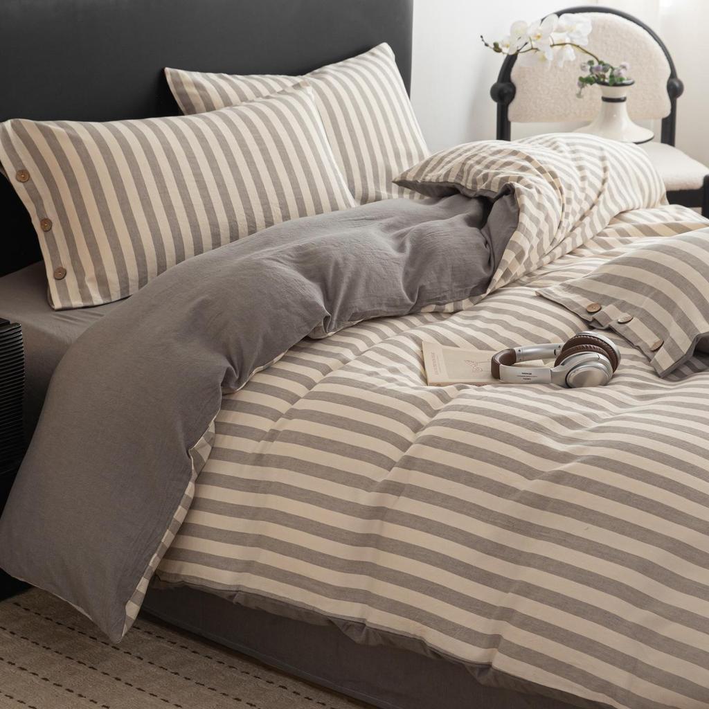 Spring/Summer Premium Cotton and Linen Four-piece Set with Buttoned Duvet Cover in Simple Stripes/Checks