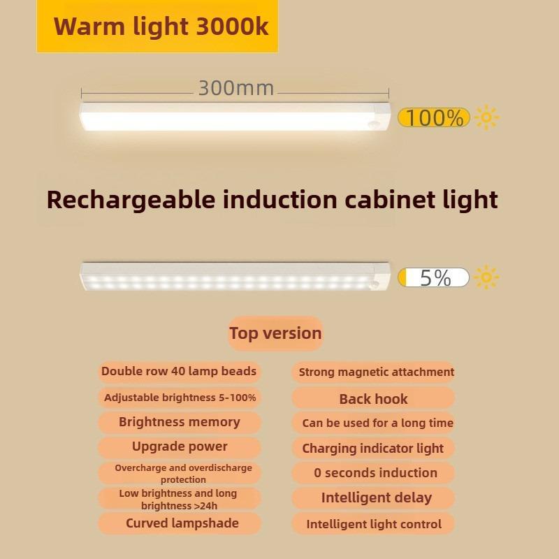 Motion Activated LED Bar USB Rechargeable Magnetic Night Light for Kitchen Cabinet Bedside Room Portable Sensor Lamp