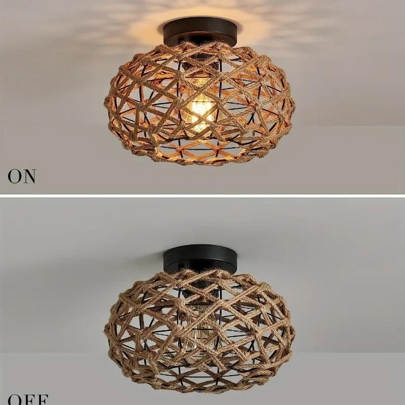 Hemp Rope Ceiling Light Fixtures Natural Woven Rattan Wicker Chinese Style Lampshade Hallway Decor Lighting Eco Friendly Lamp