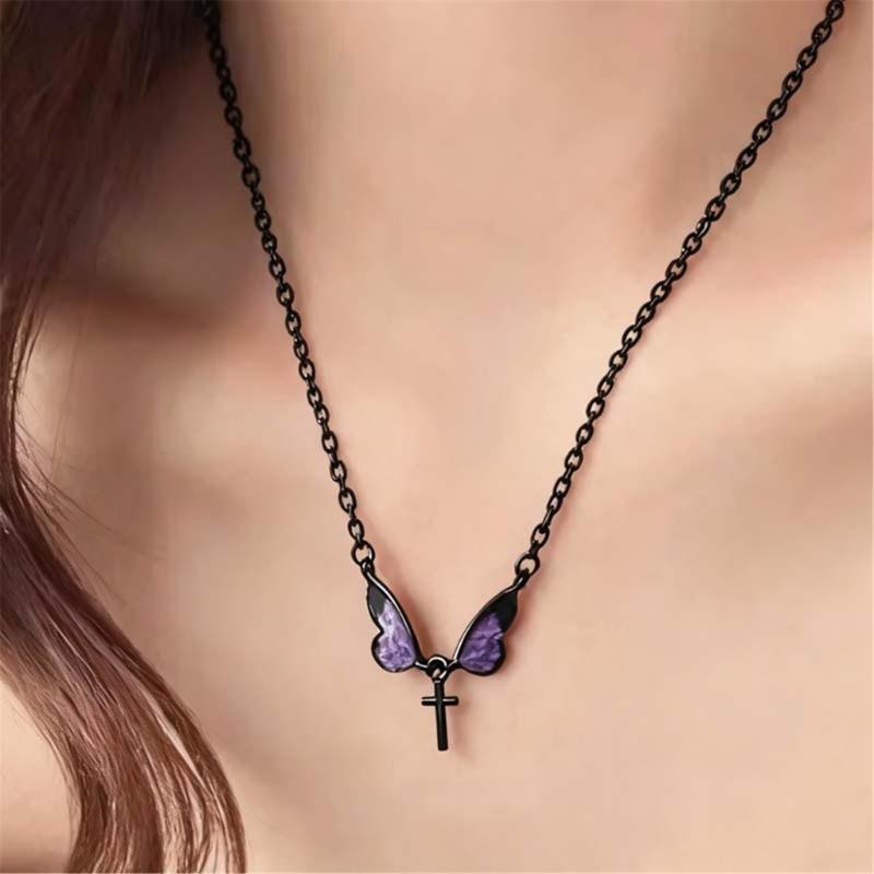 Elegant Butterfly Crosses Pendant Necklace Alloy Neckchain Fashion Accessory For Daily Wear Special Occasions