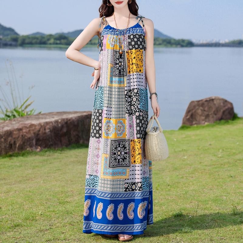 Elegant Woman Summer Strap Dress Plus Size Casual Loose Long Dress Female Vintage Clothes