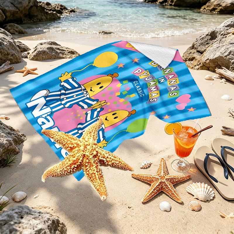 Custom Name Personalized Bananas in Pyjamas Print Beach Towel, for Trip Camping Beach Party Home Decor, Birthday Gift for Family & Friends