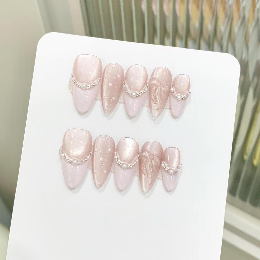 10pcs Handmade Press on Nails French Cat Eye Pink Bow Decor Korean False Nails Wearable Full Cover Ins Almond False Nail Tips