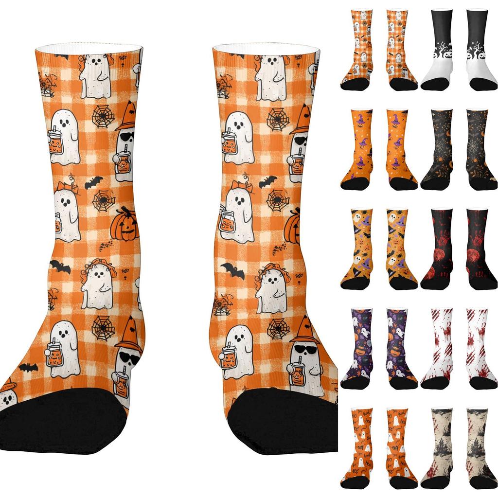 Breathable Comfortable Mid-Calf Socks with Halloween Pattern Unisex Elastic Ankle Support Socks Suitable for Daily Wear and Seasonal Use