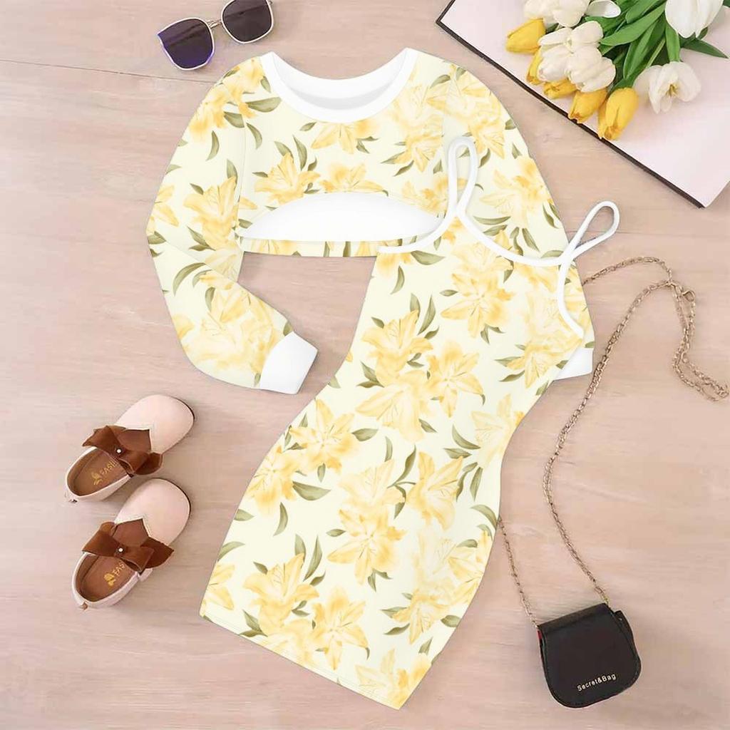 Girls Cartoon 2 Piece Outfits, Long Sleeve Crop Top + Spaghetti Strap Bodycon Dress, Eye‑Catching Floral Print Party Dress Set