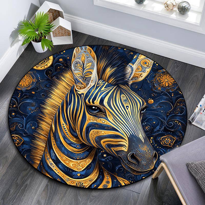 Golden Zebra Round Area Rug,Carpet Rug for Living Room Bedroom Sofa Playroom Decor,Non-slip Floor Mat