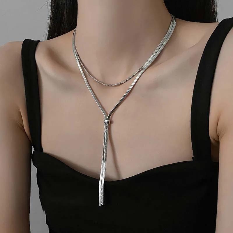 Stainless Steel Long Snake Bone Chain Necklace for Women Hip Hop Silver Pull Sweater Chain Necklace Jewelry Gifts