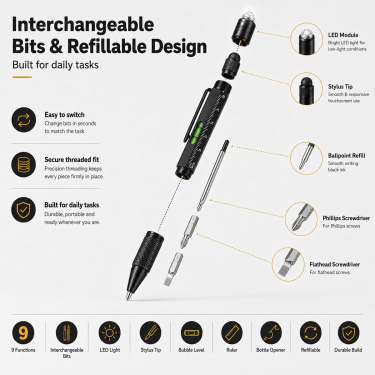 Multifunctional Metal Ballpoint Tool Pen Gift Set with Light, Bottle Opener, Stylus, and Ruler