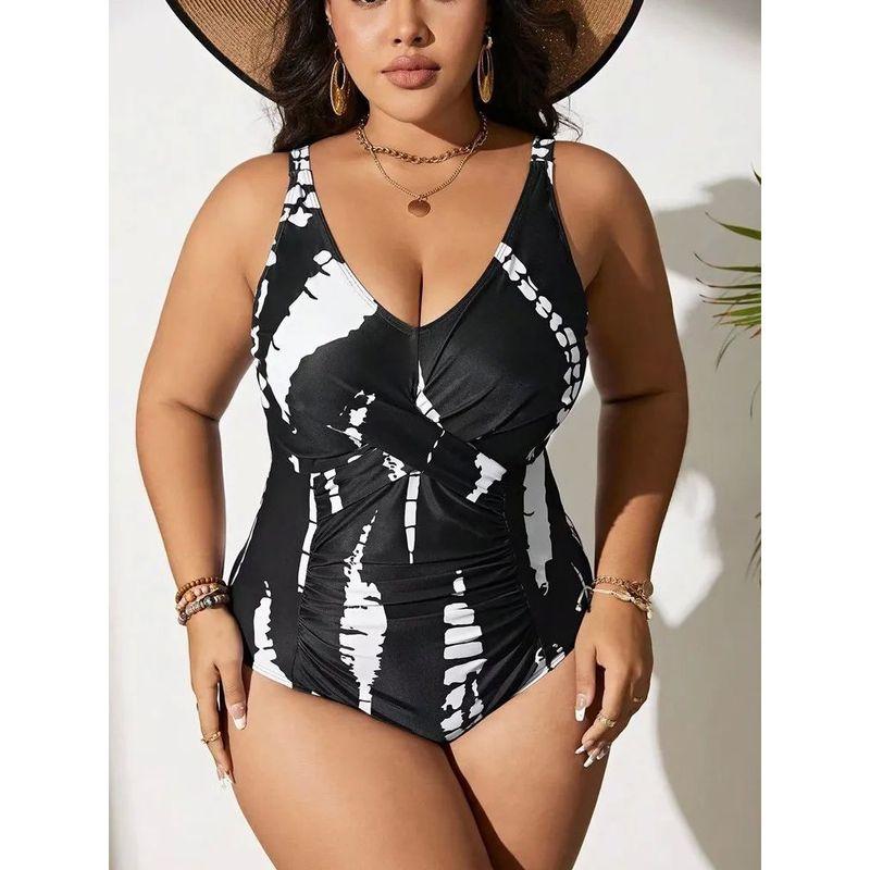 

Printed Camisole Backless Pleated Bikini Strap Open Back Ruched Bikini black L(L)